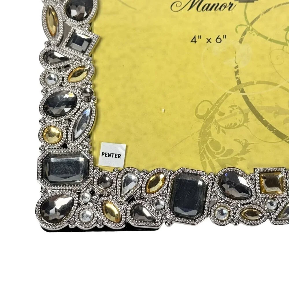 Ashleigh Manor Jeweled Photo Frame Metal Pewter Gemstone 4”x6” Silver Gray